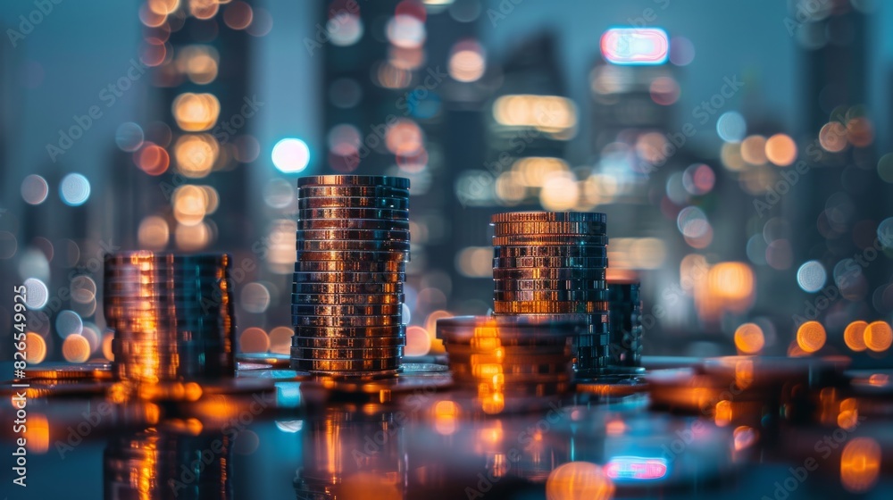 Tall buildings rising with coins and banknotes around close up, focus on, copy space Dynamic urban shades Double exposure silhouette with affluence Tall buildings rising with coins and banknotes around close up, focus on, copy space Dynamic urban shades Double exposure silhouette with affluence