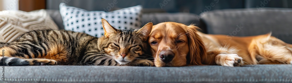Naklejka premium Dog and cat cuddling together on a sofa, closeup, cozy setting