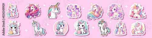 Unicorn set stickers isolated on a white background. Fairy cartoon rainbow Unicorn with icecream. Fantasy kids characters. Cute pony with a horn print for t shirts.