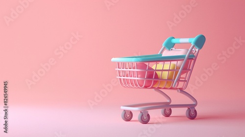 Colorful shopping cart against a pastel pink background, symbolizing retail and consumerism. Minimalistic design, isolated object.