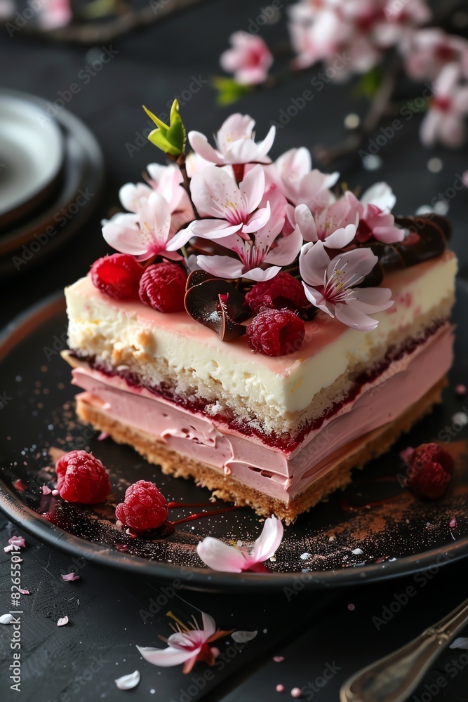 Layered dessert garnished with cherry blossoms, beautifully presented on a dark plate Layered dessert garnished with cherry blossoms, beautifully presented on a dark plate