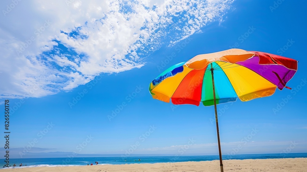 A colorful umbrella is on a beach, with a clear blue sky above