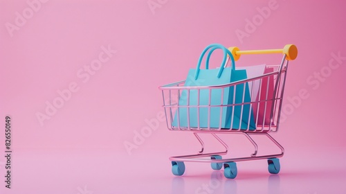 Colorful shopping cart with a blue bag on a pastel pink background. Concept of shopping, retail, and consumerism. Minimalist aesthetic.