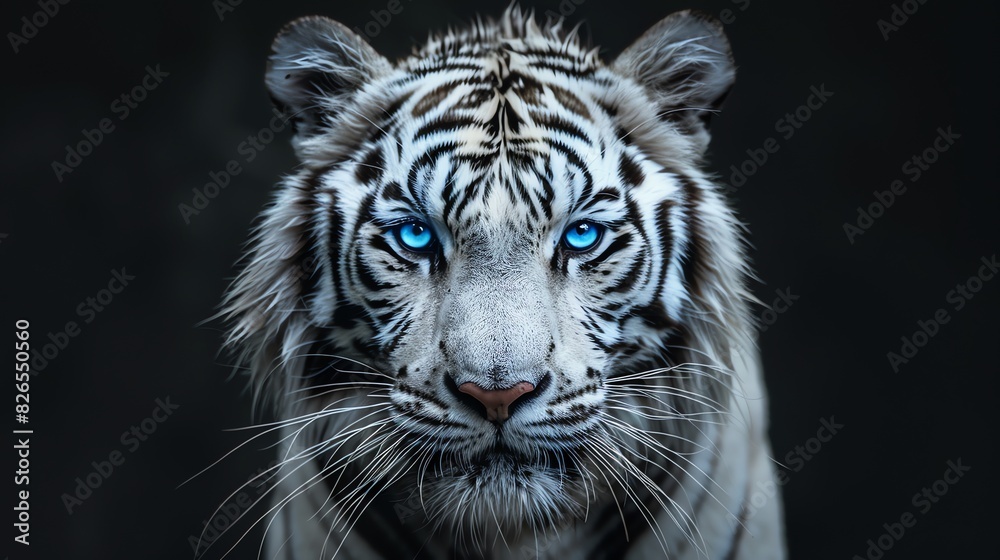 White tiger with piercing blue eyes, prowling forward against a stark black background, intense gaze