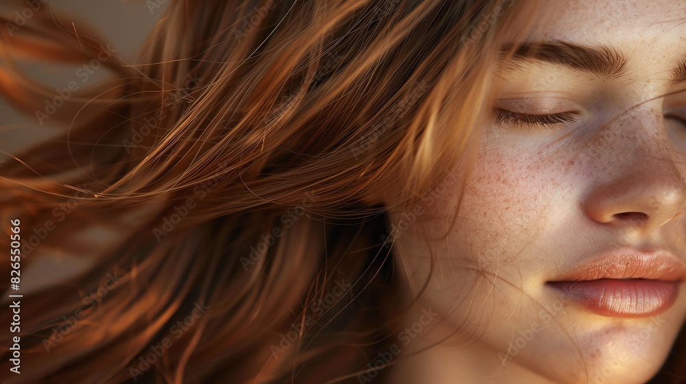 Woman with flowing brown hair, closeup, soft lighting Woman with flowing brown hair, closeup, soft lighting
