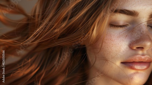 Woman with flowing brown hair  closeup  soft lighting