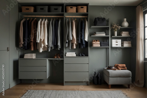 Modern gray wardrobe with organized clothing and accessories in a stylish, well-lit dressing room