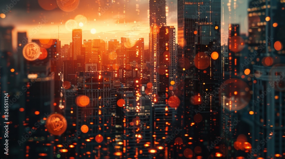 Fototapeta premium Modern city buildings crumbling with scattered coins close up, focus on, copy space Intense architectural details Double exposure silhouette with economic collapse