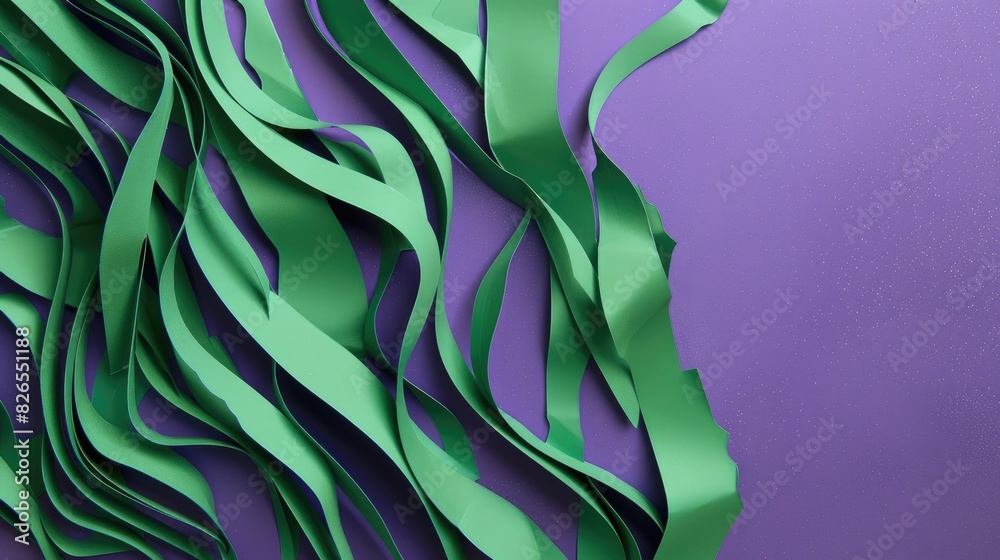Green paper with abstract lines on purple paper
