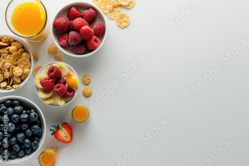 Overhead shot of a breakfast nook with cereal  fruit  juice  and coffee on a table  with clear space on the right for logos or text
