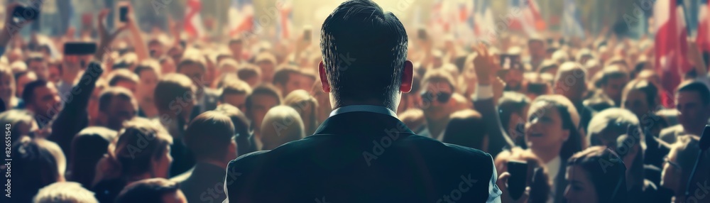 Naklejka premium A back view of a confident speaker addressing a large crowd in an outdoor setting, with flags waving and a vibrant atmosphere.