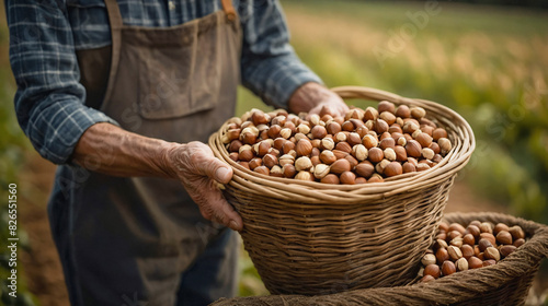 Close up of farmer's hands holding wicker basket full of organic hazelnuts with agricultural field in the background. Hazelnuts harvest