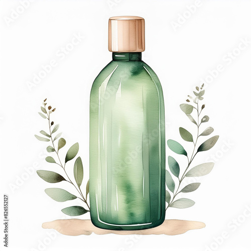 Watercolor painting of green shampoo bottle. Hygiene and beauty. Natural cosmetics. Hand drawn photo