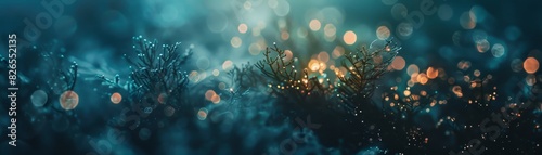 Abstract macro photograph of delicate plants with shimmering bokeh lights, creating a dreamy and mystic atmosphere. photo