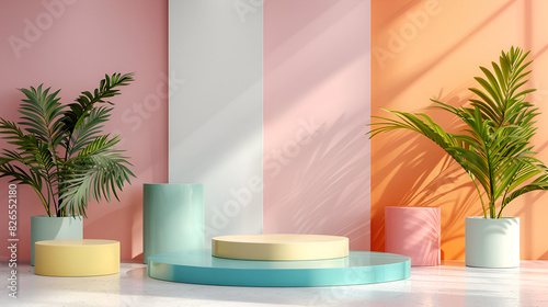 3d render of minimal display podium for mock up presentation in minimalism style with floral elements,Pink display podium decorated with pink blossom tree on pink background © sania