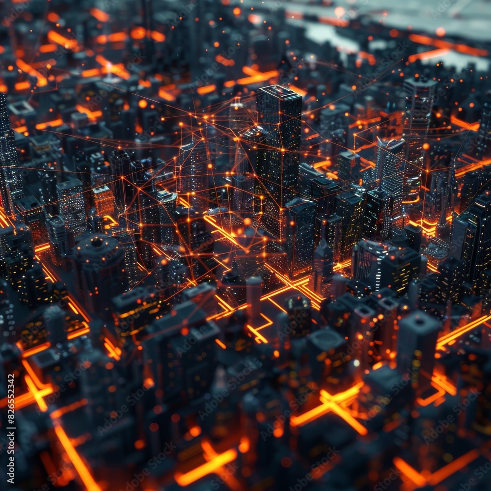 Infuse a digital web of glowing nodes and electric lines onto aerial cityscape photography, creating a mesmerizing fusion of technology and urban reality Infuse a digital web of glowing nodes and electric lines onto aerial cityscape photography, creating a mesmerizing fusion of technology and urban reality