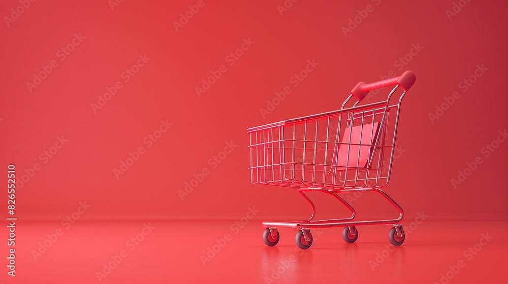 Minimalist image of an empty red shopping cart isolated on a matching red background, symbolizing retail, commerce, or marketing concepts. Minimalist image of an empty red shopping cart isolated on a matching red background, symbolizing retail, commerce, or marketing concepts.