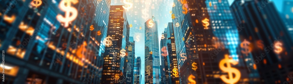 Highrise structures extending with dollar signs close up, focus on, copy space Bold cityscape colors Double exposure silhouette with economic power Highrise structures extending with dollar signs close up, focus on, copy space Bold cityscape colors Double exposure silhouette with economic power