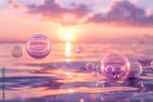 Shimmering bubbles floating in a calm, serene lavender sunset.