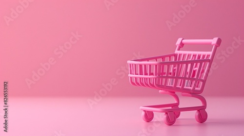 Minimalist pink shopping cart on a seamless pink background. Modern and simple design for retail, marketing, and e-commerce imagery.