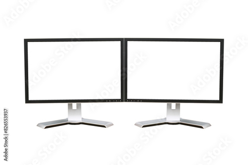Front shot of dual blank white screen display computer monitor isolated on white background