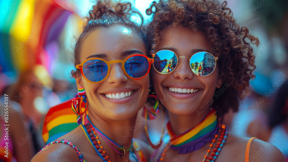 Smiling LGBTQ+ Friends at a Lively Pride Parade with Colorful Rainbow Decorations and Reflective Sunglasses Smiling LGBTQ+ Friends at a Lively Pride Parade with Colorful Rainbow Decorations and Reflective Sunglasses