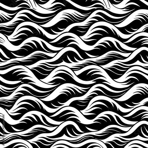Seamless black and white water wave pattern with abstract stroke style, ideal for fashion, textile, and decor.