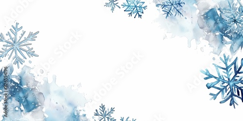 Empty watercolor illustration snowflakes frame border, copy space for winter holidays, Christmas, winter season product display, illustration, blue pastel color. 