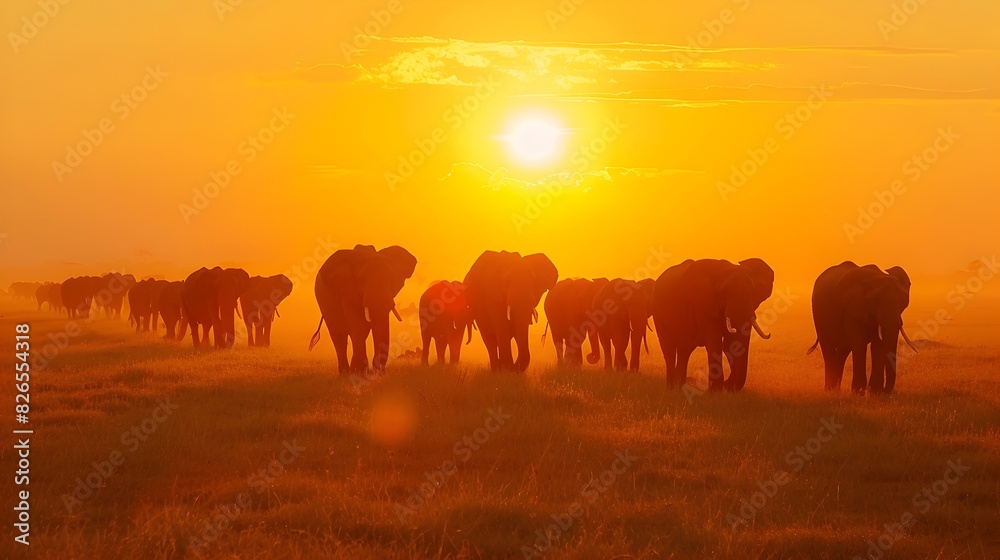 Fototapeta premium African Elephant Herd Roaming Across Vast Sunset Savannah