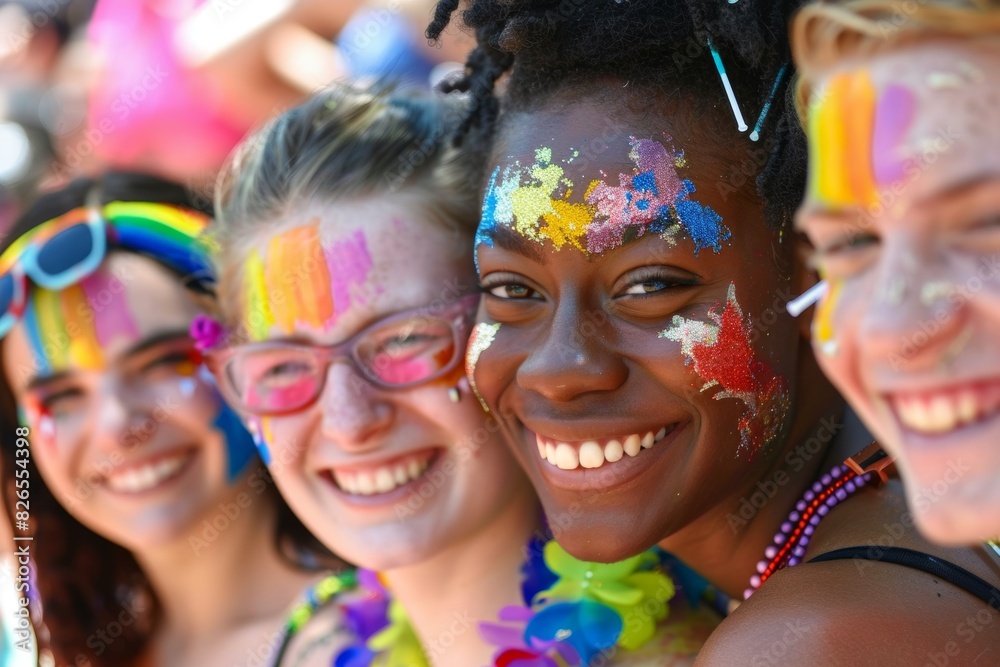 Smiling friends celebrate together with colorful face paint and rainbow decorations in a vibrant outdoor event, spreading joy and diversity. Smiling friends celebrate together with colorful face paint and rainbow decorations in a vibrant outdoor event, spreading joy and diversity.