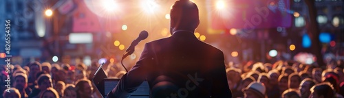 Silhouette of a speaker addressing a large crowd at an outdoor event, with colorful lights illuminating the scene and an engaging atmosphere.