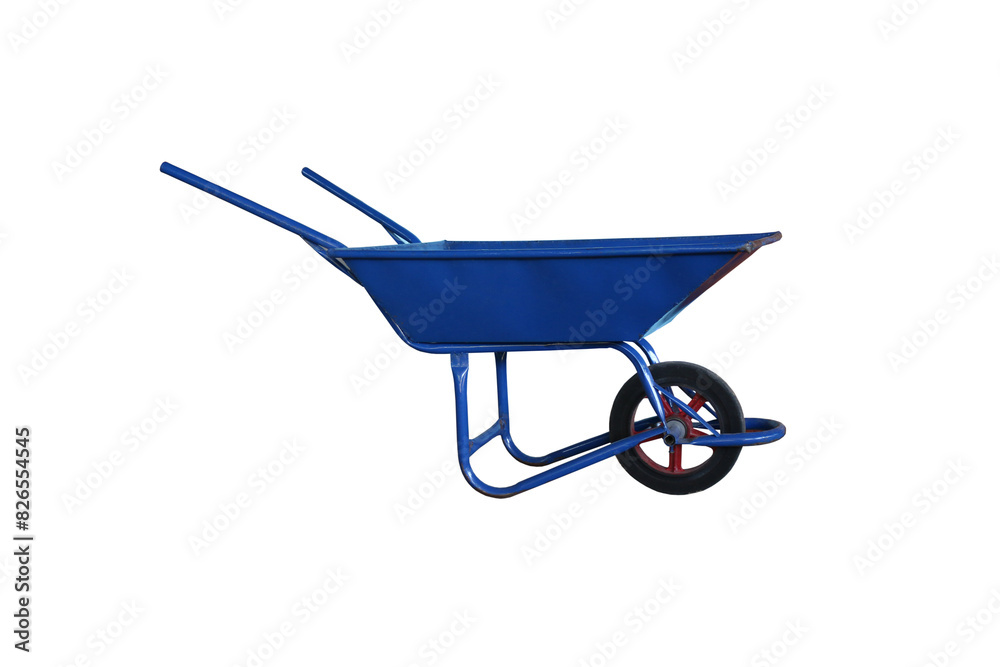 Blue cement cart on isolated white background. Trolley for construction. A construction cart used to transport soil, brick, stone, cement, sand. Blue cement cart on isolated white background. Trolley for construction. A construction cart used to transport soil, brick, stone, cement, sand.