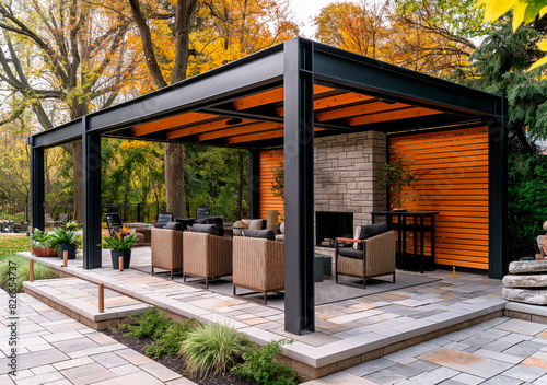 Freestanding outdoor pergola made with steel structure and wooden details. Positioned on a stone patio.