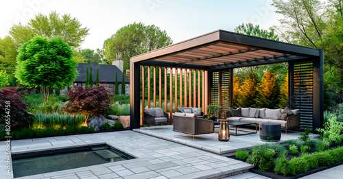 Freestanding outdoor pergola made with steel structure and wooden details. Positioned on a stone patio.