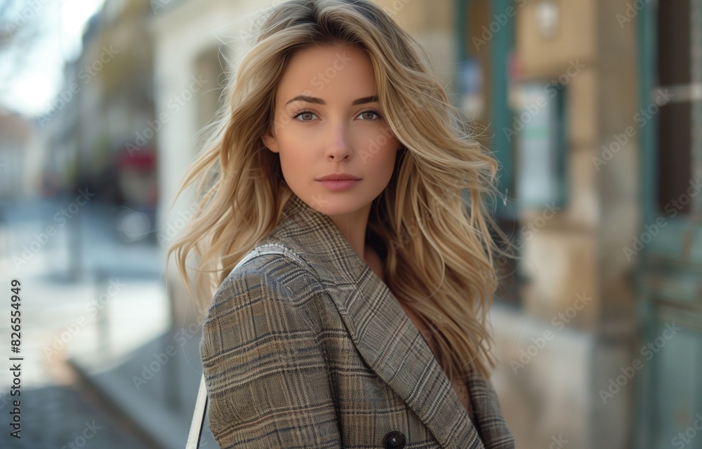 Stylish woman strolls in oversized grey blazer, trousers, clutching white bag on city sidewalk