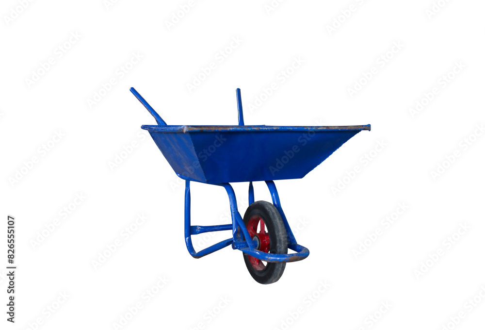 Blue cement cart on isolated white background. Trolley for construction. A construction cart used to transport soil, brick, stone, cement, sand. Blue cement cart on isolated white background. Trolley for construction. A construction cart used to transport soil, brick, stone, cement, sand.