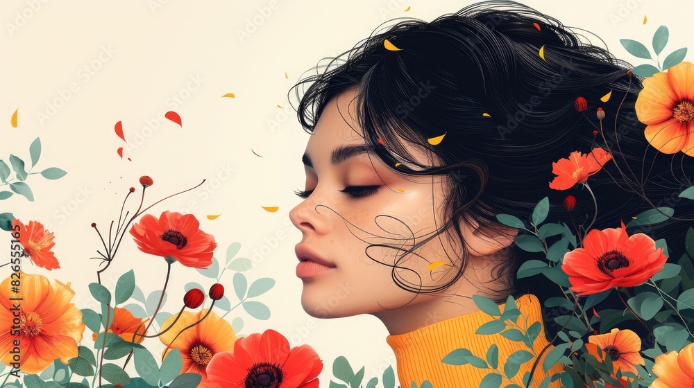Fototapeta premium portrait of a woman with dark hair, minimalistic collage with flowers and leaves in a vintage style