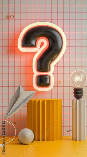 A vibrant and contemporary composition featuring a large question mark, paper airplane, light bulb, and geometric shapes. photo