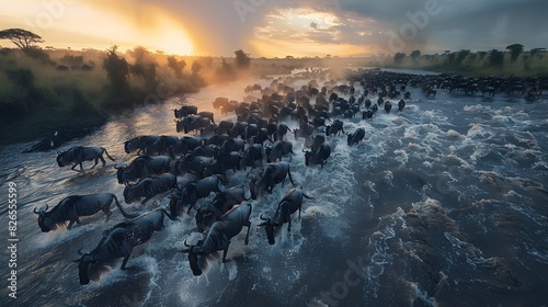 Great Drama A Herd of Wildebeest Crossing a River during Africas Majestic Wildlife Spectacle photo