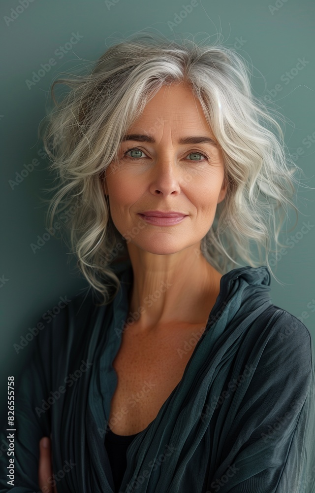 Joyful senior lady poses against soft green backdrop in charming portrait capturing contentment Joyful senior lady poses against soft green backdrop in charming portrait capturing contentment