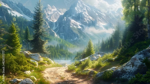 Winding Mountain Trail Through Lush Forest with Distant Snowy Peaks