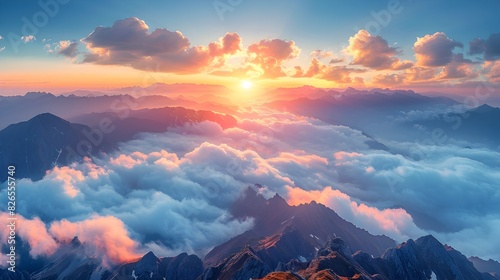 Breathtaking Mountain Panorama with Vibrant Sunrise Illuminating Peaks and Sea of Clouds Filling Valleys Below Showcasing Natural Serenity and © Thares2020