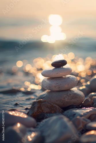 Balanced Stones on Seashore at Sunset Calm Zen