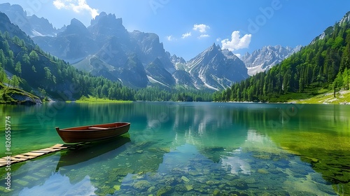 Serene Mountain Lake with Wooden Dock Reflecting Majestic Peaks in Scenic Alpine Landscape