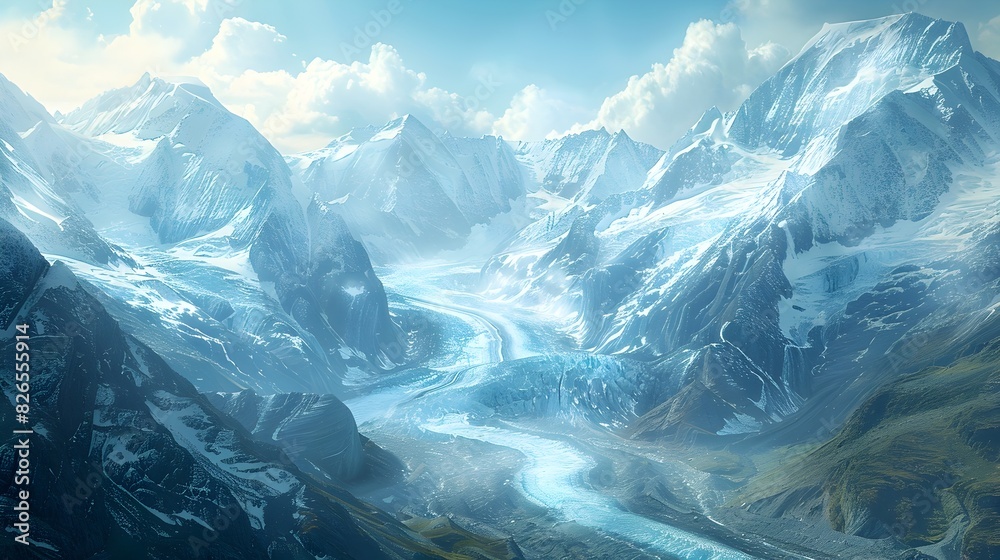 Obraz premium Majestic Glacier Winding Through Awe Inspiring Mountain Landscape with Rugged Peaks and Serene Sky
