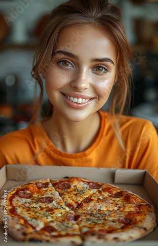 Young woman enjoys pizza in her modern kitchen  seated by table with open food box