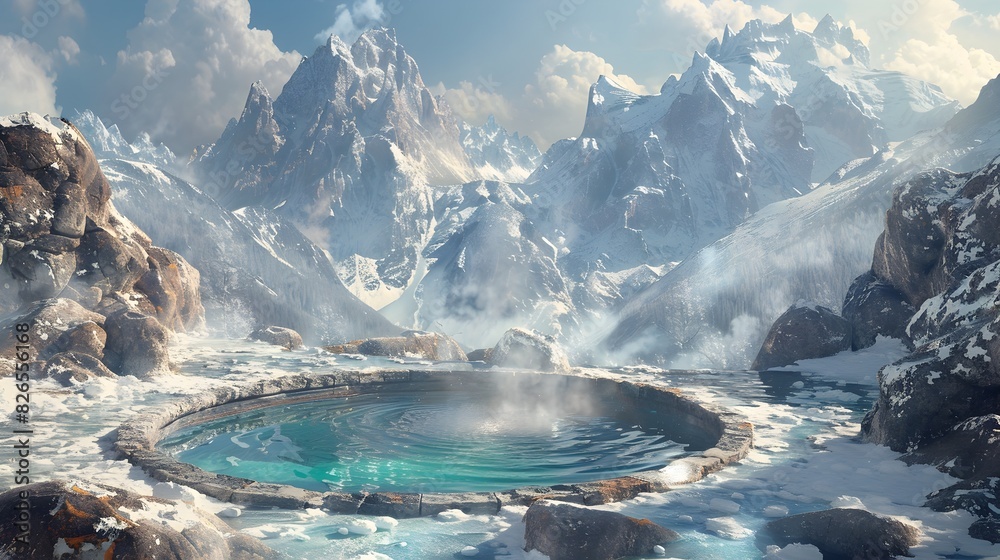 Tranquil Mountain Spring with Towering Snowy Peaks and Serene Reflection