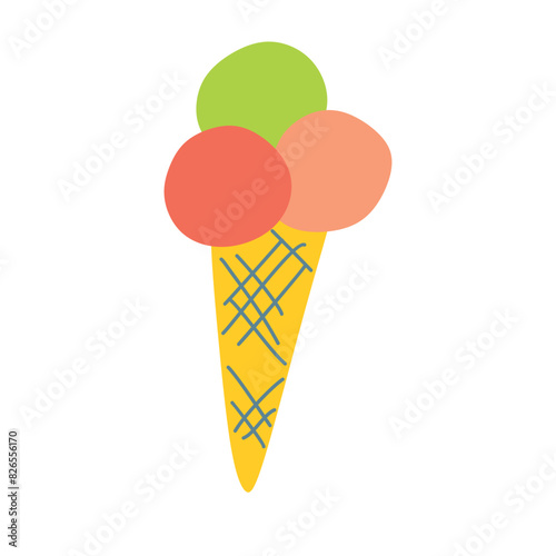 Ball Ice cream icon. Flat illustration of Ball ice cream in Cone. Colorful Summer Vector icon for Web design. Cartoon Tasty Dessert Isolated on White background, Cold and Sweaty.