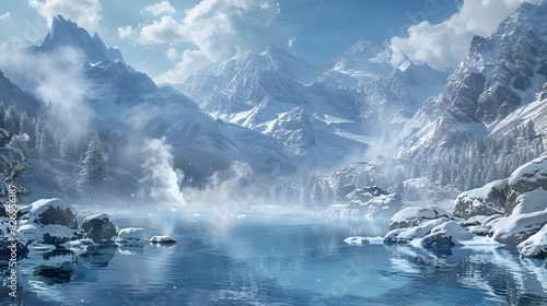 Serene Mountain Spring in Snowy Landscape with Towering Peaks and Tranquil Ambiance © Thares2020