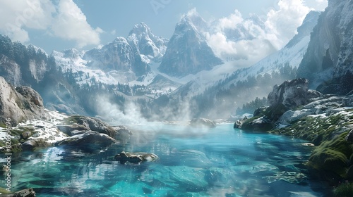 Tranquil Mountain Spring with Steaming Waters and Snowy Peaks Backdrop